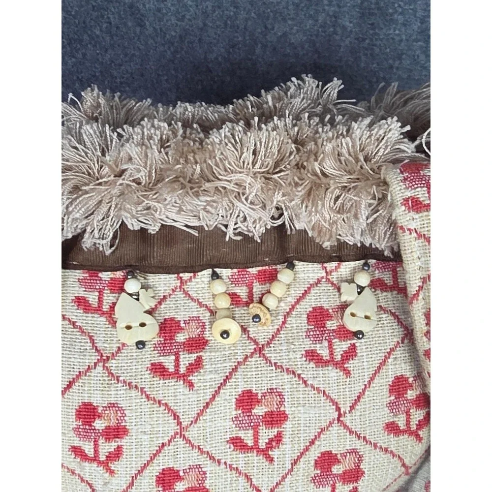 VTG Floral Tapestry Tote Bag Faux Fur Trim Wooden Beads Unique Purse Cottagecore